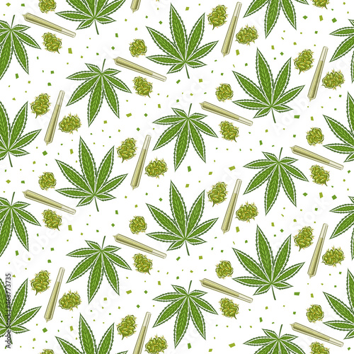 Vector Marijuana Seamless Pattern, square repeating background of marijuana leaves, medicinal cannabis buds, decorative poster with cut out illustrations of recreational marijuana on white background.