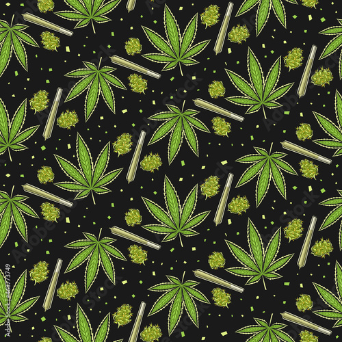 Vector Cannabis Seamless Pattern, square repeating background of cannabis leaves, medicinal marijuana buds, decorative poster with cut out illustrations of recreational cannabis on dark background. photo