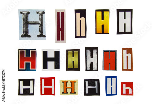 Alphabet letter H cutting from magazine paper. Newspaper clippings with letter H isolated on white background. Anonymous text concept.