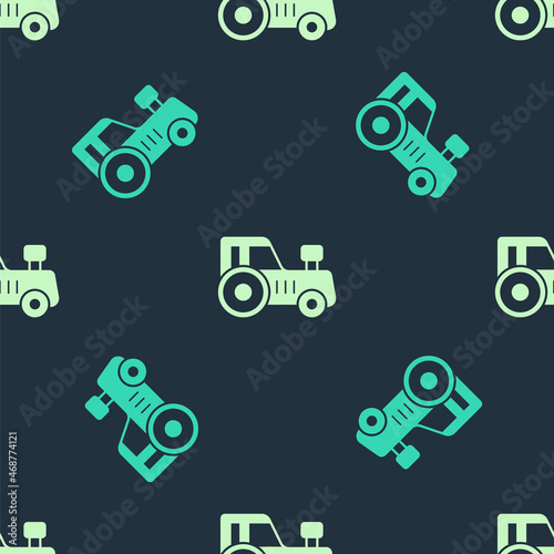 Green and beige Tractor icon isolated seamless pattern on blue background. Vector