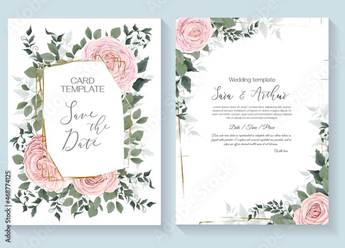 Floral design for wedding invitation. Gold frame, pink roses, branches with leaves, eucalyptus, green leaves and plants.