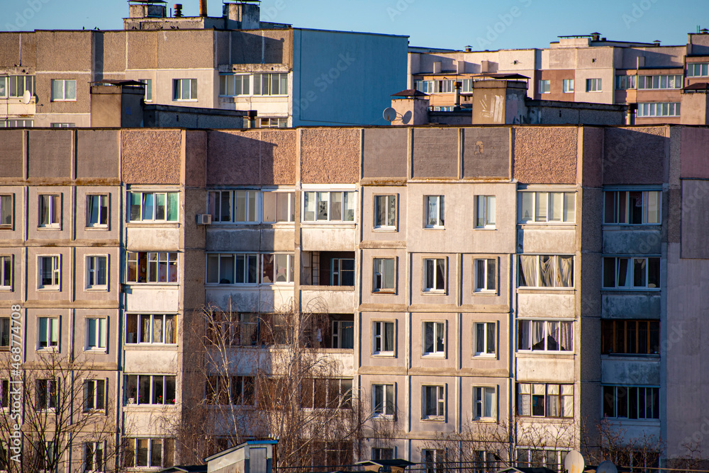 many windows of a building in the city