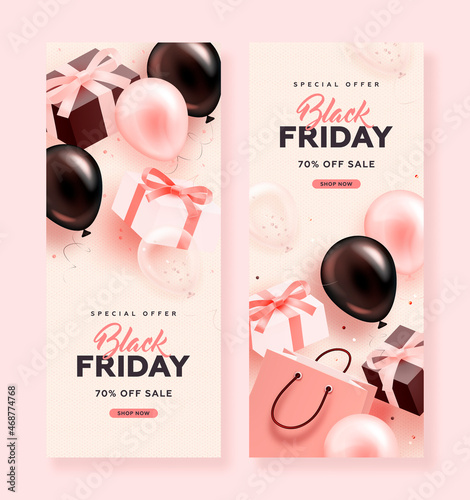 Set of black friday sale roll up with realistic glossy balloons, gift box and discount text on pink background. Vector illustration