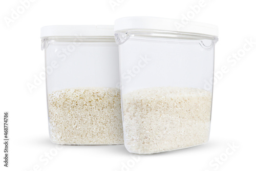 Container with rice on an isolated white background