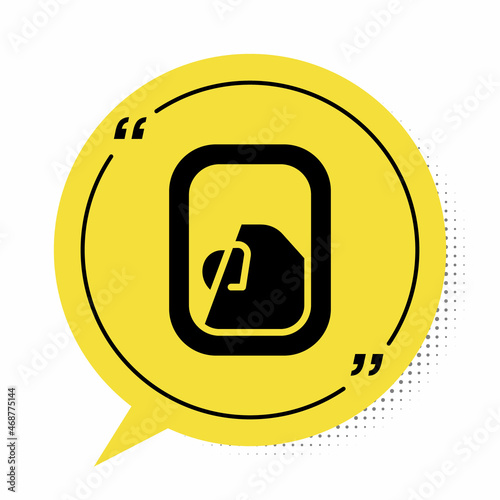 Black Airplane window icon isolated on white background. Aircraft porthole. Yellow speech bubble symbol. Vector