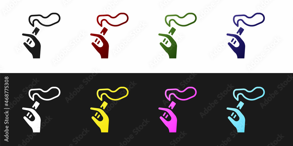 Fototapeta premium Set Hand with smoking cigarette icon isolated on black and white background. Tobacco sign. Vector