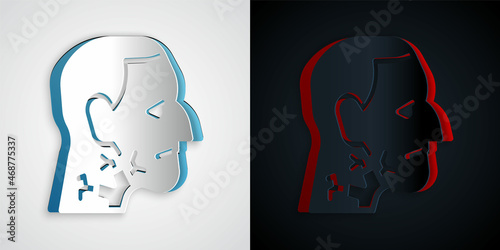 Paper cut Throat cancer icon isolated on grey and black background. Laryngeal cancer. Paper art style. Vector