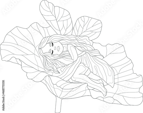 Cute cartoon little elf girl sleeping in leaf sketch template. Fairy creature vector illustration in black and white for games, background, pattern, wallpaper, decor. Coloring paper, page, story book.