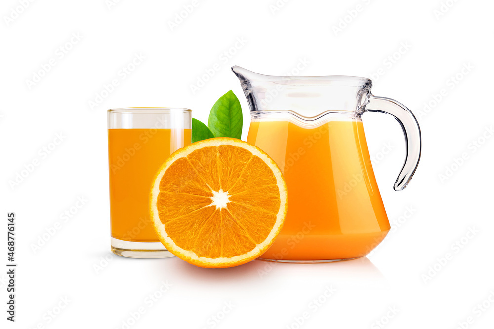 Round Slice and Orange juice with oranges in jug glass isolated on white background Round Slice and Orange juice with oranges in jug glass isolated on white background