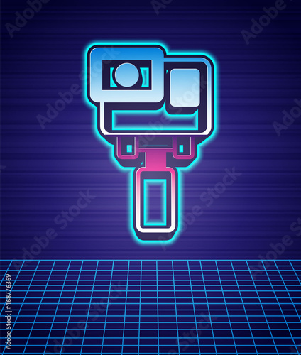 Retro style Action extreme camera icon isolated futuristic landscape background. Video camera equipment for filming extreme sports. 80s fashion party. Vector