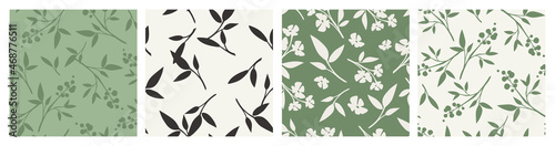 Set of four seamless floral patterns with flowers and leaves. Green and beige vector backgrounds.