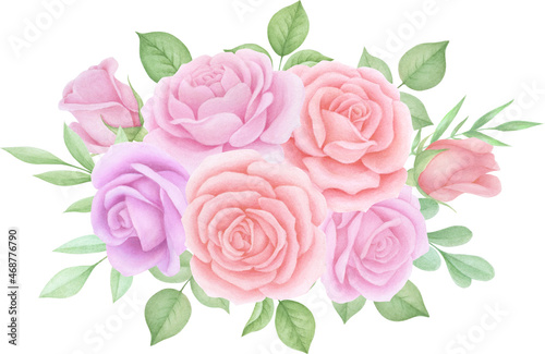 Watercolor Pink Roses bouquet, Wedding Roses, Floral arrangements, 