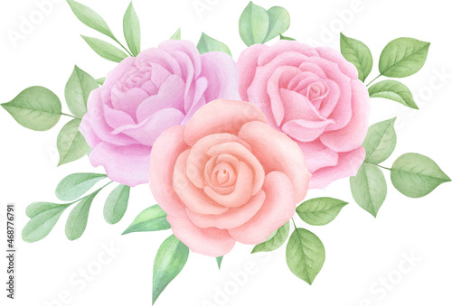 Watercolor Pink Roses bouquet, Wedding Roses, Floral arrangements, 