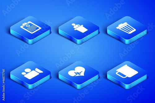 Set Coffee cup, Clinical record, Heart rate, Movie Video camera, Speaker and Trash can icon. Vector