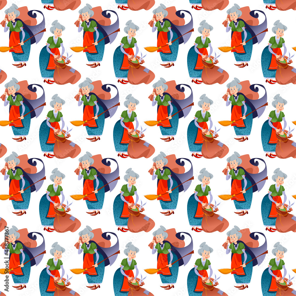 Old woman with a bag of gifts. Buena Befana (happy Epiphany). Italian Christmas tradition. Seamless background pattern. Old woman with a bag of gifts. Buena Befana (happy Epiphany). Italian Christmas tradition. Seamless background pattern.