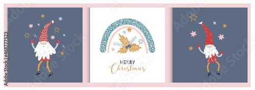 Vector bundle of Christmas cards. Scandinavian New Year and Christmas flyer, cards. Christmas rainbow and red gnomes in the flat hand drawn style. Cute childish illustration. Winter holidays.