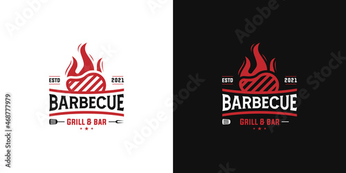 Barbecue restaurant. Logo of Barbecue, Grill and Bar with fire, grill fork and spatula. steak house logo, steak, bbq, grill menu. Grunge texture. Vector illustration