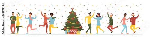 Celebrating Christmas. Christmas tree with decorations and gifts. Friends are having fun. People wish a happy new year. Vector