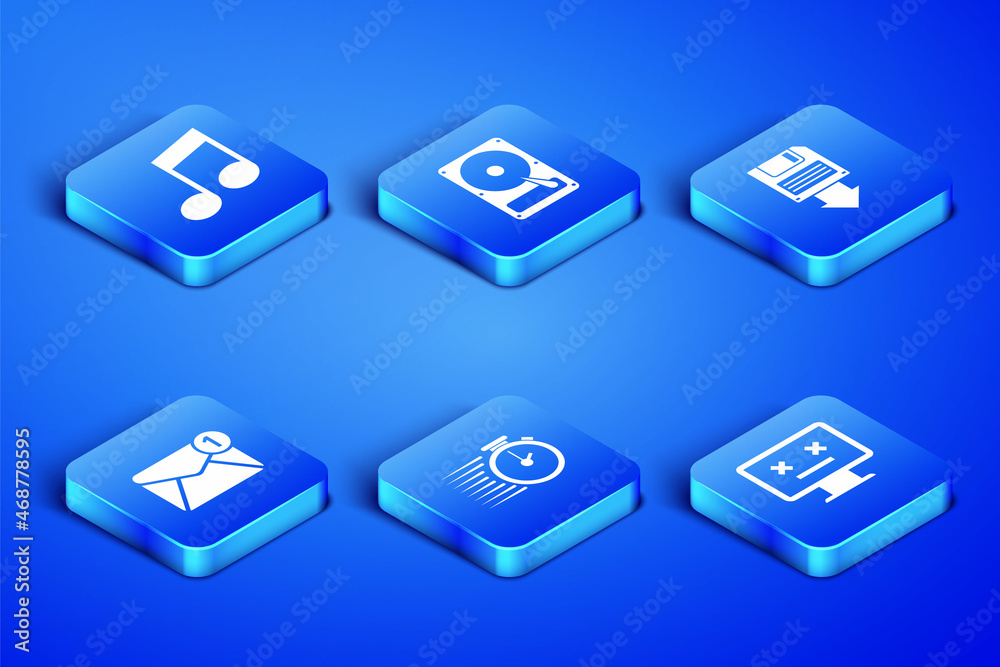 Set Dead monitor, Music note, tone, Stopwatch, New, email incoming message, Hard disk drive HDD and Floppy backup icon. Vector Set Dead monitor, Music note, tone, Stopwatch, New, email incoming message, Hard disk drive HDD and Floppy backup icon. Vector