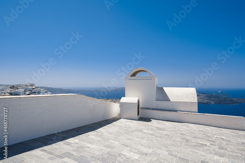 Traditional white buildings and rooftops in the villages of Santorini Island in Greece