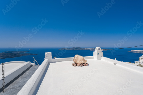 Traditional white buildings and rooftops in the villages of Santorini Island in Greece