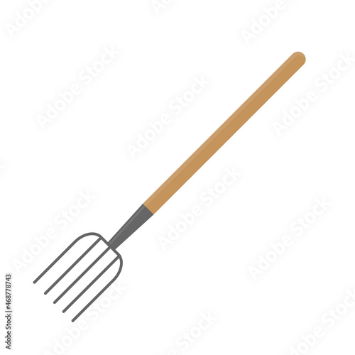 Cartoon pitchfork with wooden handle. Gardening tool for harvesting hay. Isolated vector illustration