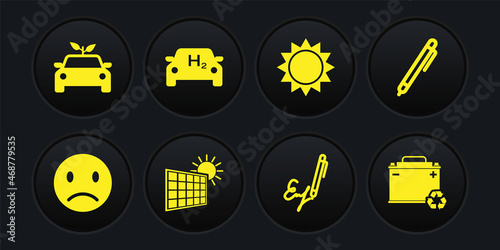 Set Sad smile, Pen, Solar energy panel and sun, Signature, Sun, Hydrogen car, Car battery with recycle and Eco concept drive icon. Vector