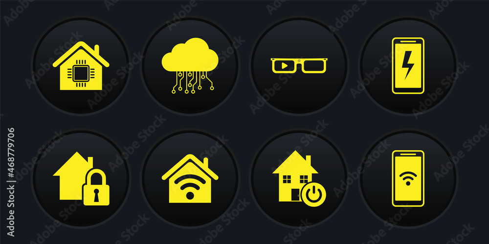 Set House under protection, Mobile charging battery, Smart home with wi-fi, glasses, Internet of things, wireless and icon. Vector