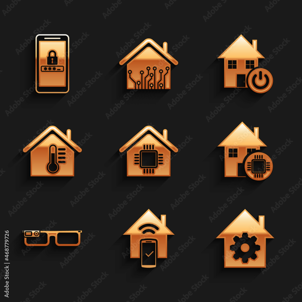 Set Smart home, remote control system, settings, glasses, House temperature, and Mobile and password protection icon. Vector