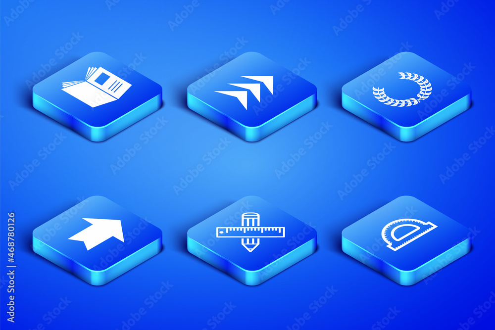 Set Protractor grid, Open book, Crossed ruler and pencil, Arrow, and Laurel wreath icon. Vector Set Protractor grid, Open book, Crossed ruler and pencil, Arrow, and Laurel wreath icon. Vector