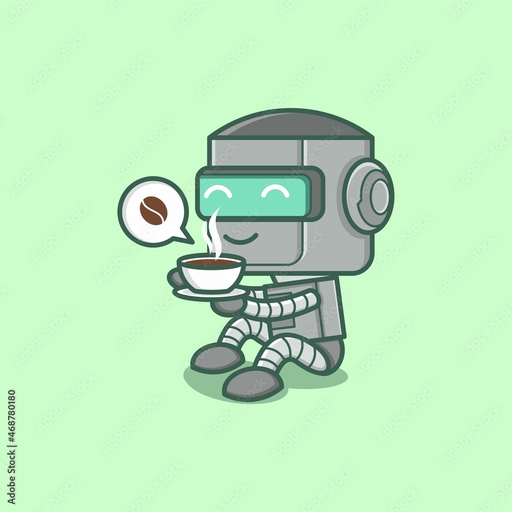 cute cartoon robot enjoying a cup of coffee. vector illustration for mascot logo or sticker