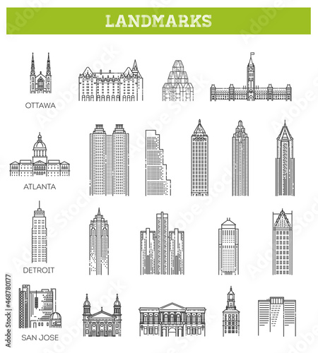 Simple linear Vector icon set representing global tourist american landmarks and travel destinations for vacations #468780177