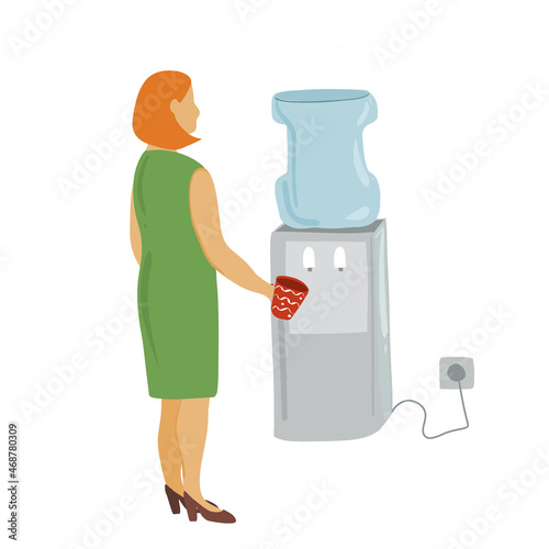  A woman drinks purified water from a cooler and a red cup. Cooler. Water bottle on the cooler. Office worker drinks water.