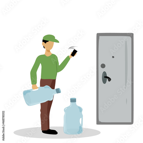 The courier carries a bottle of purified drinking water. Water delivery services. Home delivery to order.