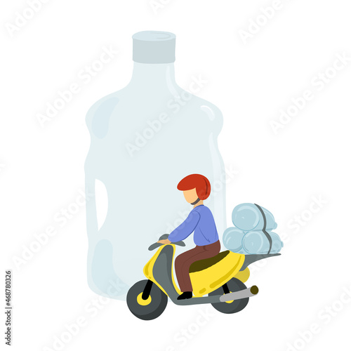 Water delivery. A man on a yellow moped delivers bottles of water.
Water delivery service during quarantine concept. 