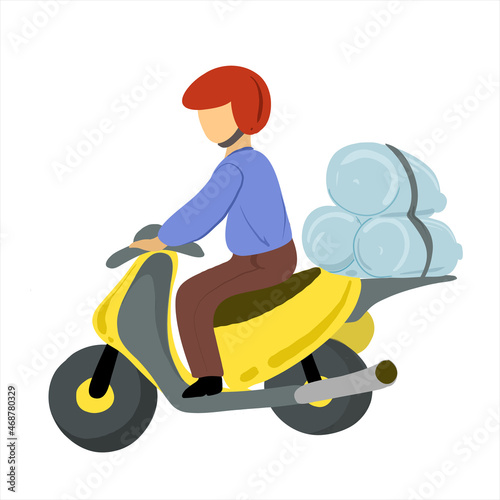 Water delivery. A man on a yellow moped delivers bottles of water.
Water delivery service during quarantine concept. 