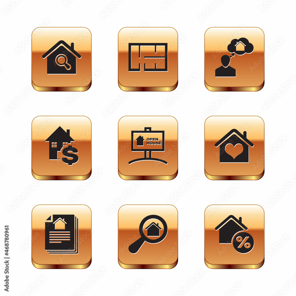 Set Search house, House contract, Hanging sign with Open, dollar, Man dreaming about buying, percant and plan icon. Vector Set Search house, House contract, Hanging sign with Open, dollar, Man dreaming about buying, percant and plan icon. Vector
