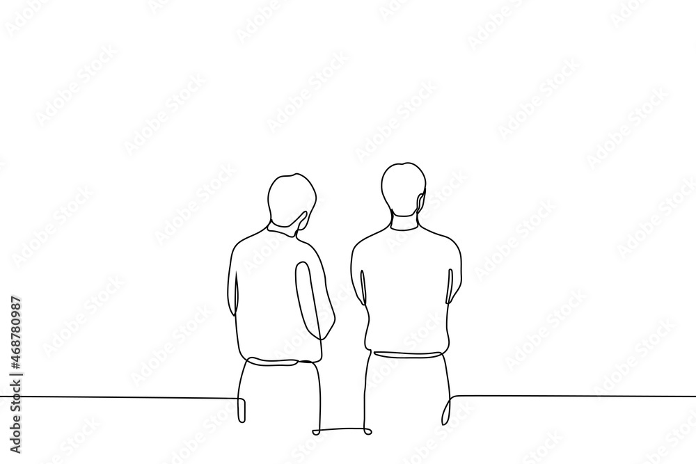 two men are standing with their arms crossed and looking at something above eye level - one line drawing vector. concept of exhibition visitors, passers-by stopped to look, observers or waiting two men are standing with their arms crossed and looking at something above eye level - one line drawing vector. concept of exhibition visitors, passers-by stopped to look, observers or waiting