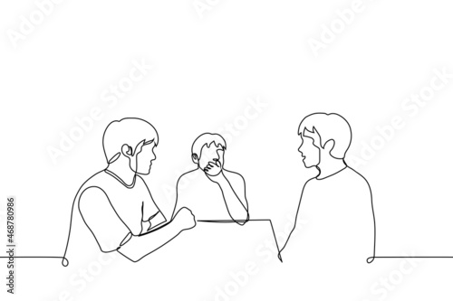 men sit at table and listen and watch one of them - one line drawing vector. concept of male conversation, communication of friends, colleagues in cafe, narrator tells stories