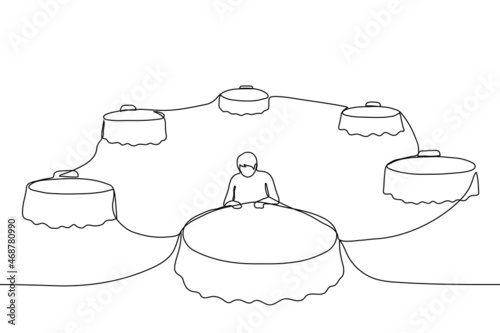 man sits alone at round table in hall with empty tables - one line drawing vector. concept of the only visitor in a restaurant,  man is waiting for his couple for dinner
