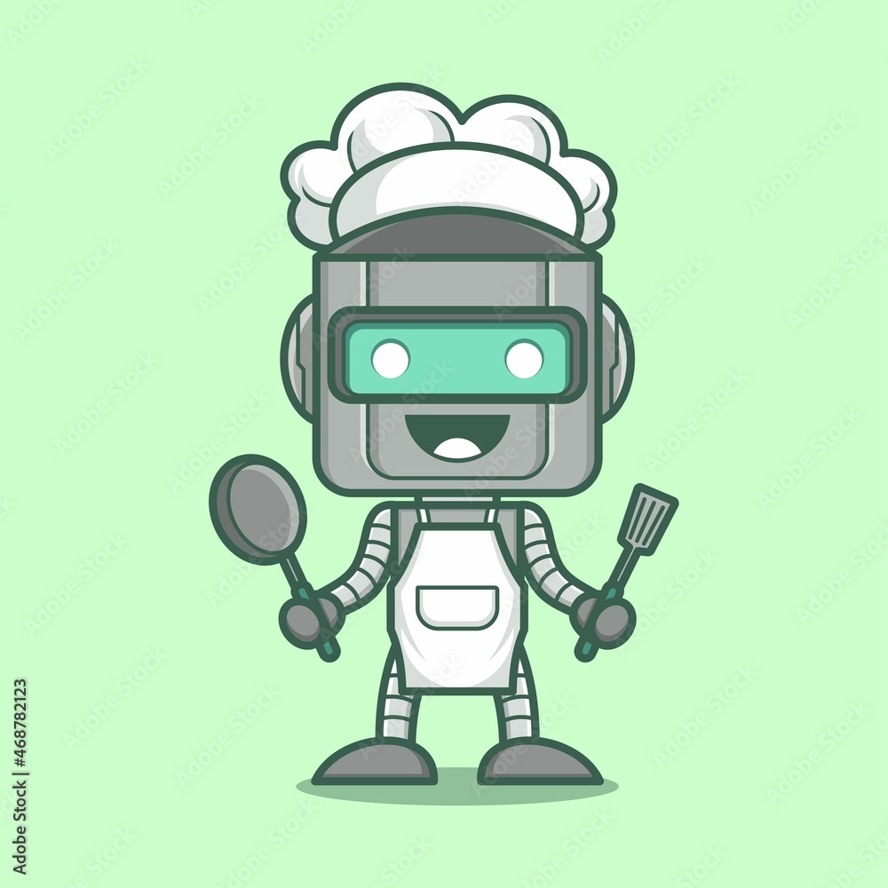 cute cartoon robot being a chef. vector illustration for mascot logo or sticker