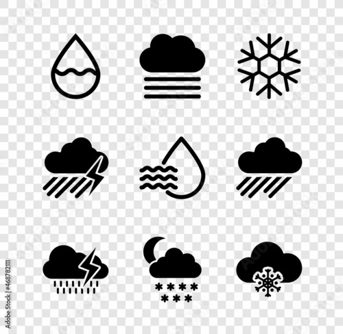 Set Water drop, Fog and cloud, Snowflake, Cloud with rain lightning, snow moon and icon. Vector