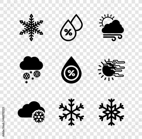 Set Snowflake, Water drop percentage, Windy weather, Cloud with snow, and icon. Vector