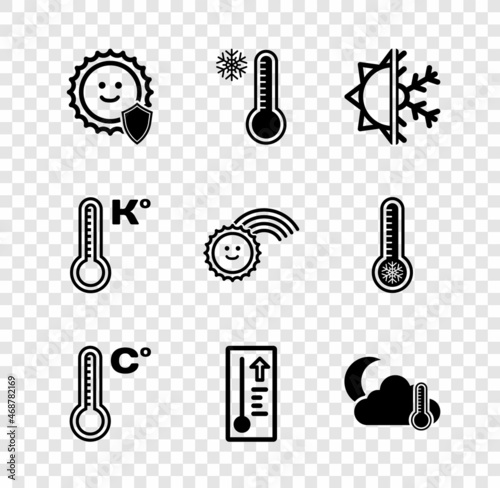 Set UV protection, Meteorology thermometer, Sun and snowflake, Thermometer cloud, moon, and Rainbow with sun icon. Vector