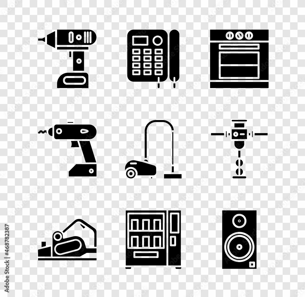 Set Electric cordless screwdriver, Telephone, Oven, planer tool, Vending machine and Stereo speaker icon. Vector - obrazy, fototapety, plakaty 