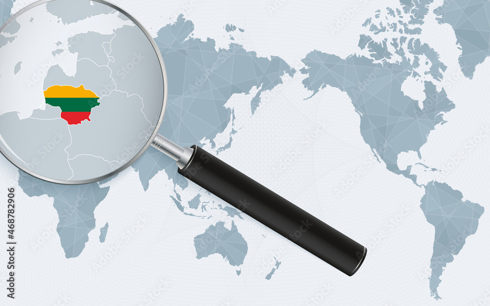 Asia centered world map with magnified glass on Lithuania. Focus on map of Lithuania on Pacific-centric World Map.