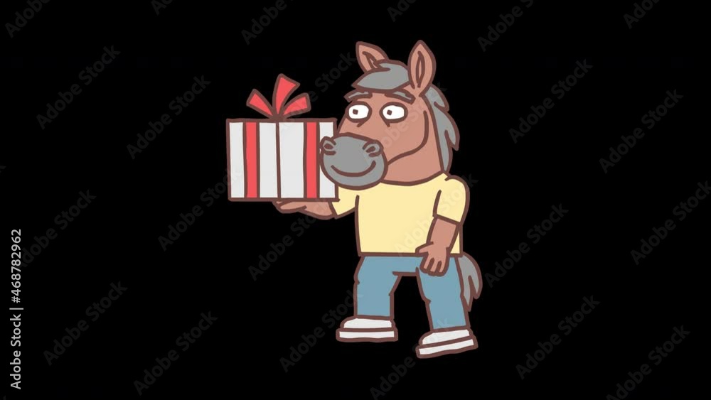 Horse character walks and holds gift box. Frame by frame animation. Alpha channel. Looped animation Horse character walks and holds gift box. Frame by frame animation. Alpha channel. Looped animation