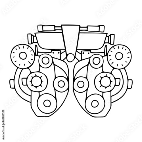Phoropter isolated on white background. Optical element for ophthalmology, vision correction, eye diagnostic in doodle style.