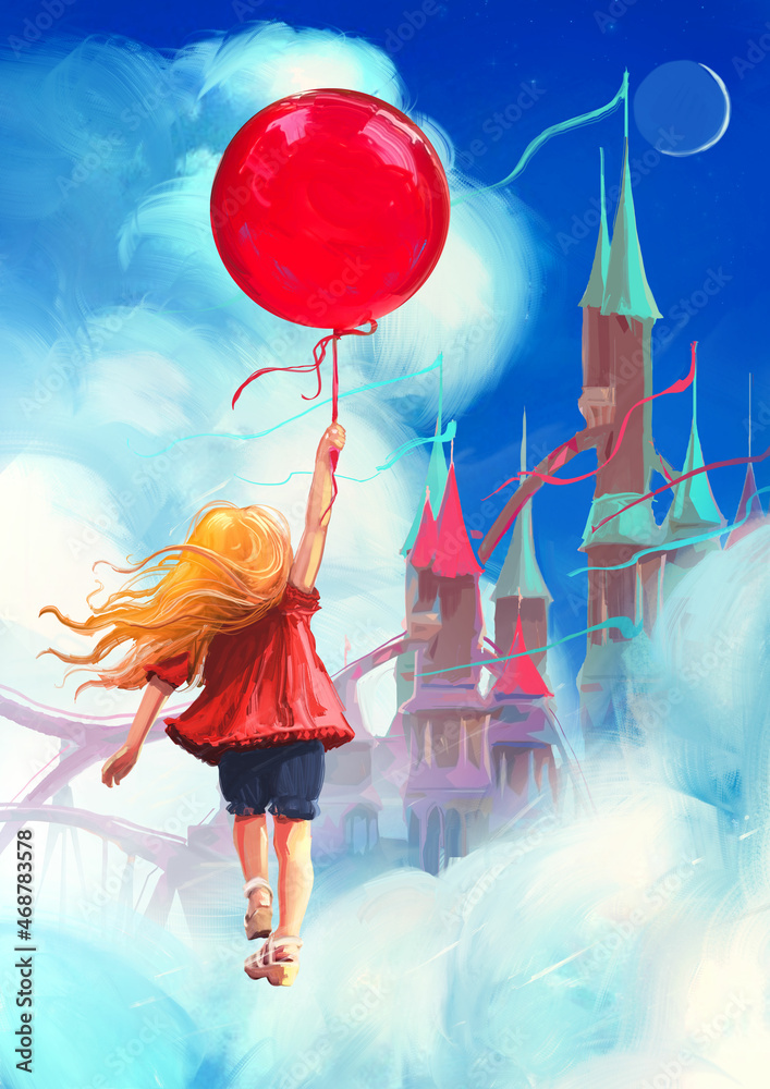 Illustrazione Stock A little girl child is flying through the sky ...