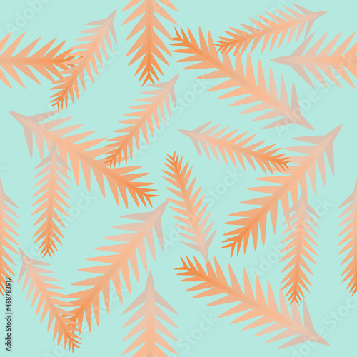 Orange jagged leaves of various sizes, arranged as a background can be connected in all directions, on a pastel blue background. Design, bright colors.pastel leaf and flower pattern